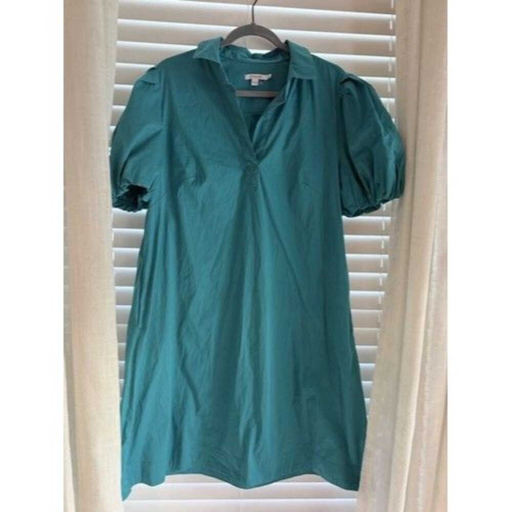 Chico's Teal Solid Collared Shift Dress Puff Sleeve Stretch Size 2 Large Fall